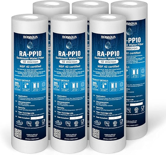 Ronaqua 10 Micron Sediment Water Filter Cartridge 10"x2.5", NSF Certified, 4-Layer Filtration for any 10-inch RO Units & Whole House Systems, Compatible with Culligan P5, AP110, WHKF-GD05, 6 Pack