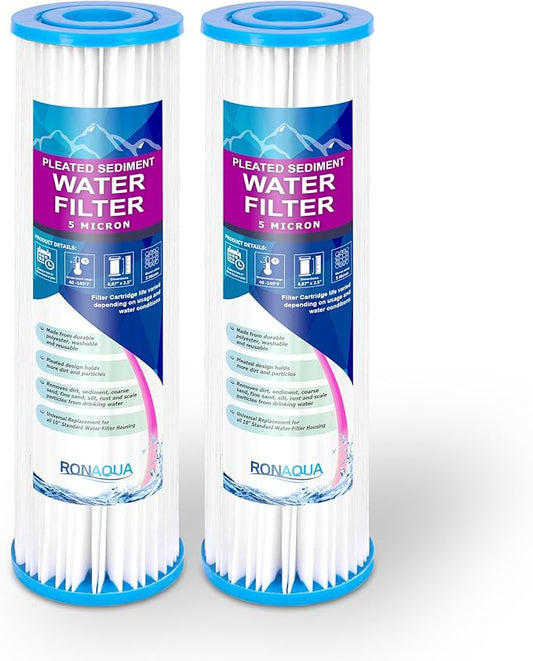 Pleated Sediment Water Filter Cartridge 9.87”x 2.5” Amplified Surface Area, Removes Sand, Dirt, Rust, Extended Filter Life WELL-MATCHED with WHKF-WHPL, 801-50, WB-50W, WFPFC3002, SPC-25-1050 (2 Pack)