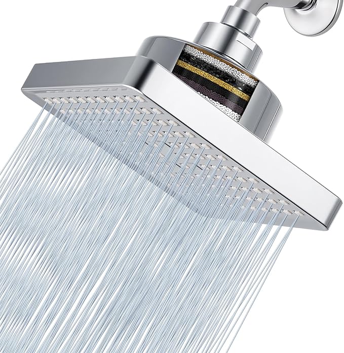 High Pressure Rain Shower Head with Filtered - 6" Square Showerhead Filter for Remove Chlorine and Harmful Substances, Improve Hair and Skin Problems, Chrome