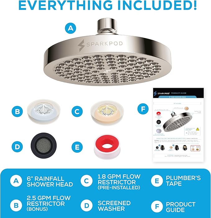 SparkPod Shower Head - High Pressure Rain - Premium Quality Luxury Design - 1-Min Install - Easy Clean Adjustable Replacement for Your Bathroom Shower Heads (Elegant Brushed Nickel, 6 Inch Round)