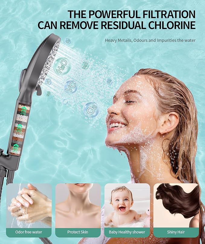 Filtered Shower Head with Handheld, High Pressure 9 Spray Mode Gunmetal Grey Showerhead With Filters,Detachable Shower Head,Water Softener Filters Beads For Hard Water