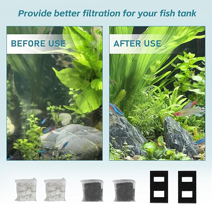 Aquarium Filter Replacement Set for Fluval SPEC, EVO and Flex Series, Three Stage Filtration Includes 2 Foam Filter, 2 Carbon Filter Refills, 2 Ceramic Rings & 1 Filter Cord