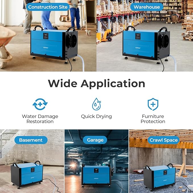 COSTWAY 155 PPD Commercial Dehumidifier, 1900 Sq.Ft Crawl Space Dehumidifier with 9.8 FT Drain Hose & Wired Remote Control Panel, Ideal for Basement, Warehouse (Blue)