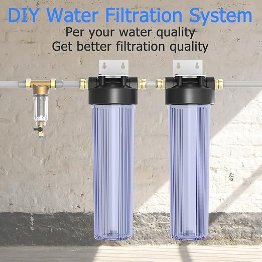 WHT20 Whole House Water Filter Housing, Fit 20"x4.5" Sediment etc Filters for Well and City Water, Big Filter Blue Pre-Filtration System for Home, 1" NPT Port, Pressure Release (Clear Housing)