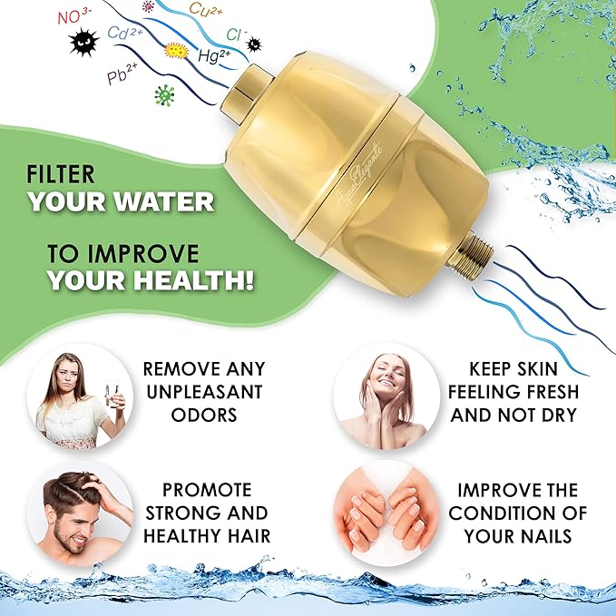 Aqua Elegante Shower Water Filter For Showerhead - Universal Shower Head Filters To Remove Chlorine & Hard Minerals - Gold Bath Purifier And Filtered Softener System Best With KDF-55 - Polished Brass