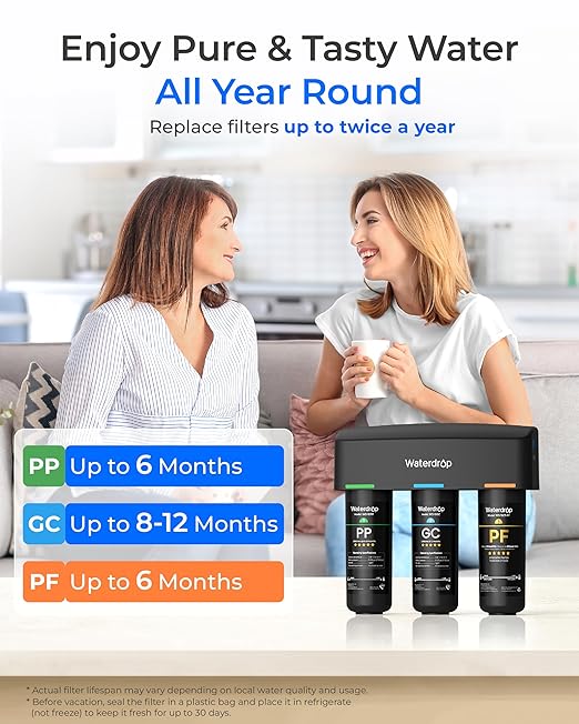 Waterdrop TSB-PF Under Sink Water Filter, 𝐑𝐞𝐝𝐮𝐜𝐞𝐬 𝟖𝟎+ 𝐈𝐦𝐩𝐮𝐫𝐢𝐭𝐢𝐞𝐬-Chlorine, Chloramine, Fluoride, PFAS, Taste&Odor, 9 Layer Under Sink Water Filtration System,with A Separate Faucet