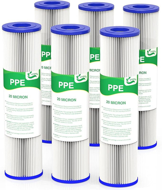 20 Micron Water Filter 10" x 2.5", 10-inch Whole House Sediment Pre-Filters for Well & Tap water, Replacement Cartridge for FXWPC, EQ-PFC35, ECP5-10, S1, 3WH-STDPL-F02, SPC-25-1005, 6-Pack