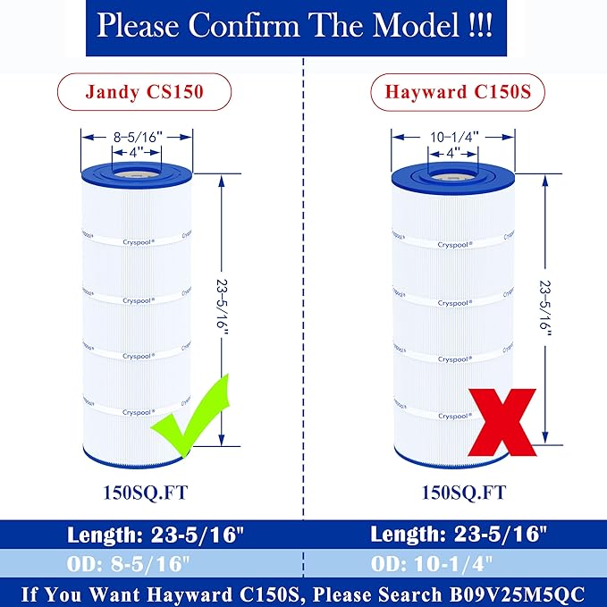 Cryspool® 08056 Filter Compatible with Jandy CS150, X-Stream CC1500, CCX1500RE, Pro Clean 150, PWWCT150, R0462300, PJANCS150, C-8414, FC-1287, 150 Sq. Ft Pool Filter Cartridge, 1 Pack