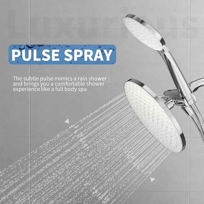 8.6 inch High Pressure 3-Way Shower Heads Combo, Pulsating Rainfall Shower Head, 6-Settings Dual Shower Head with Handheld Hose 6ft Chrome