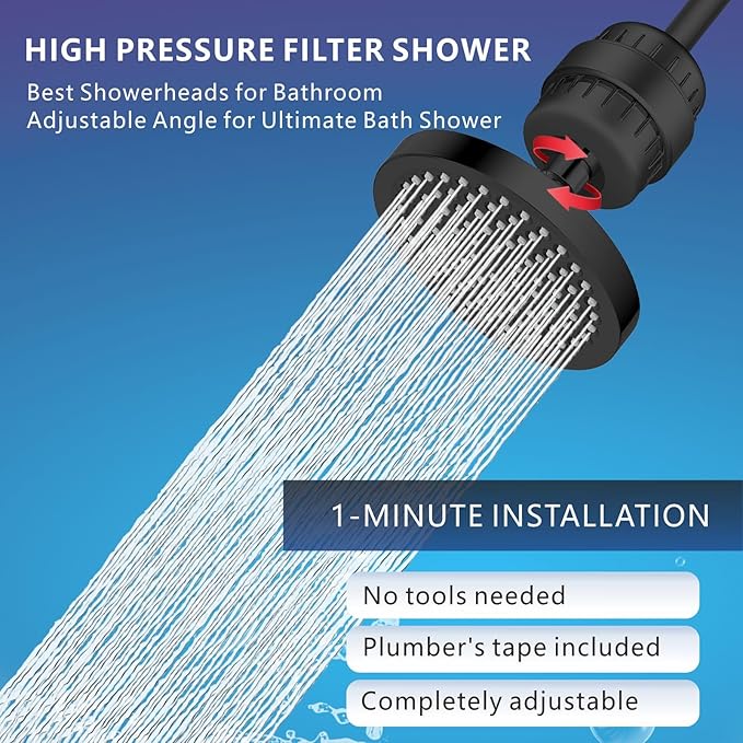High Pressure Filtered Shower Head Set, 6’’ Rain Shower Filter for Hard Water, Universal Round Showerhead 20 Stage Filtration Removes Impurities for Rejuvenated Skin by Eolax, Matte Black