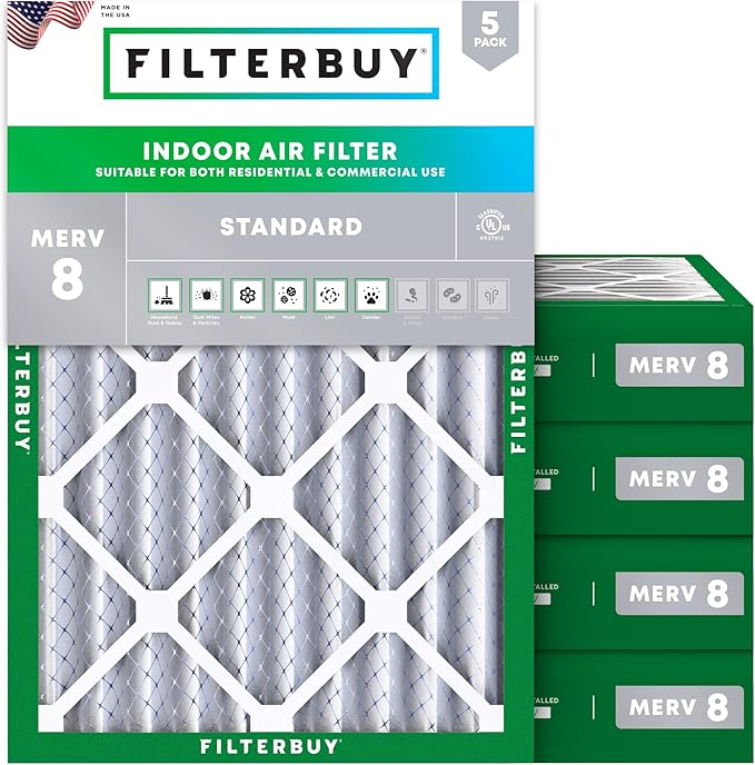 Filterbuy 24x25x4 Air Filter MERV 8 (MPR 700) Dust Defense Replacement (5-Pack), Electrostatic Pleated HVAC AC Furnace Filters, Made in USA (Actual Size: 23.75 x 24.75 x 3.63)