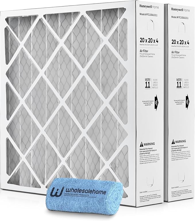 Honeywell 20x20x4 Air Filter Replacement MERV 11, FC100A1011 Pleated HVAC AC Furnace Filters with Wholesalehome Cleaning Cloth, 2-Pack (Actual Size: 19.94 x 19.75 x 4.38 Inches)