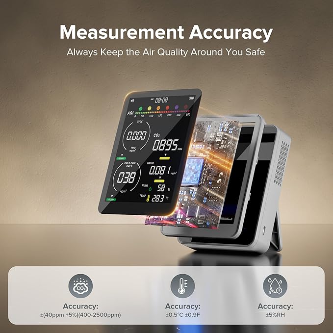 16 in 1 Air Quality Monitor Indoor-Portable Indoor Air Quality Meter with 7AQI Beep Alarm,for CO2,HCHO,TVOC,PM2.5, PM1.0,PM10,AQI,Temperature,Humidity & Time Display (Grey)