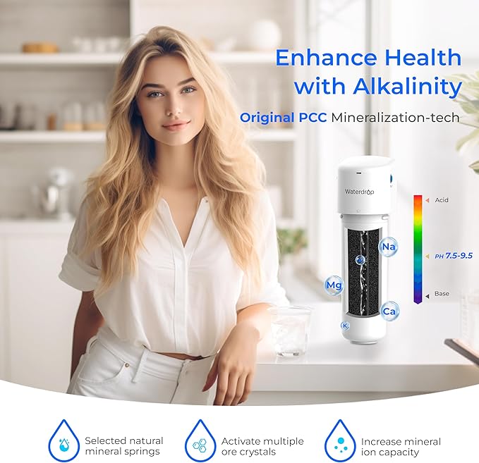 Waterdrop Alkaline Water Filter System for Sink WD-ALK16, Mineralizing Water to 9.5 pH, NSF/ANSI 372 Certified, Compatible with Reverse Osmosis Systems, Under Sink Installation