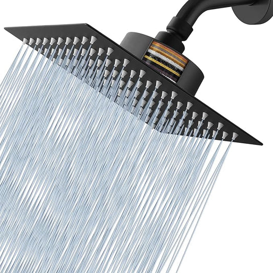 Voolan Rain Shower Head with Filtered - High Flow Large Rainfall Shower Heads Made of Stainless Steel - Waterfall Showerhead Filter For Hard Water(8" Matte Black)