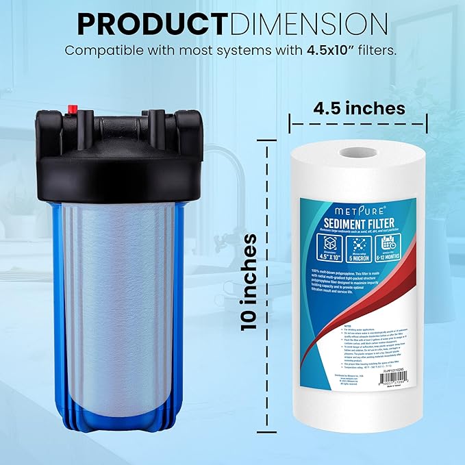 4.5 x 10 inch Sediment Filter - 5 Micron Melt-Blown Polypropylene Whole House Water Filter Cartridge. Compatible with Pentek, Culligan, GE, Whirlpool, and more!