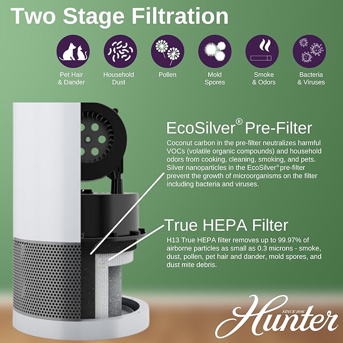 Hunter HP400 Round Air Purifiers for Home, True HEPA Air Purifier Tower for Pets, Odors, Allergens, Smoke, Dust, VOC's. HEPA Air Purifiers for Bedroom and Small Room. Sage and Silver