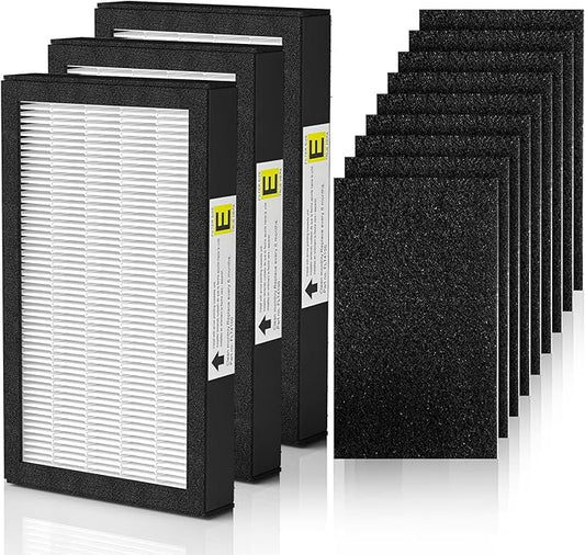 FLT4100 True HEPA Replacement Filter Size E for Guardian Technologies model AC4100 AC4100CA AC4150BL AC4150PCA AC4150P, 3 x Hepa Filter + 9 x Activated Carbon Pre-Filter