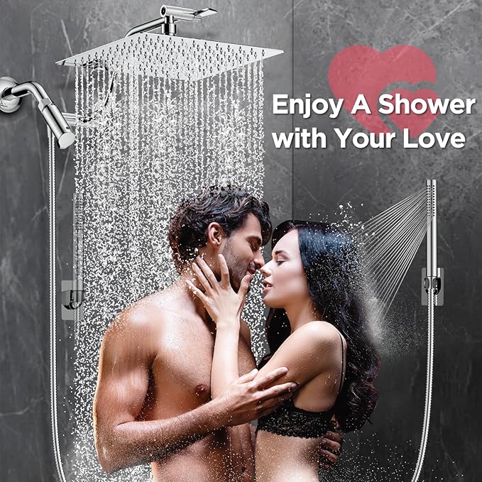 HOPOPRO 10” All Metal Rainfall Shower Head Combo with Handheld Spray, High Pressure Showerhead Combination, Adjustable Dual Showerheads with Extension Arm, Full-Body Coverage Shower Experience, Silver
