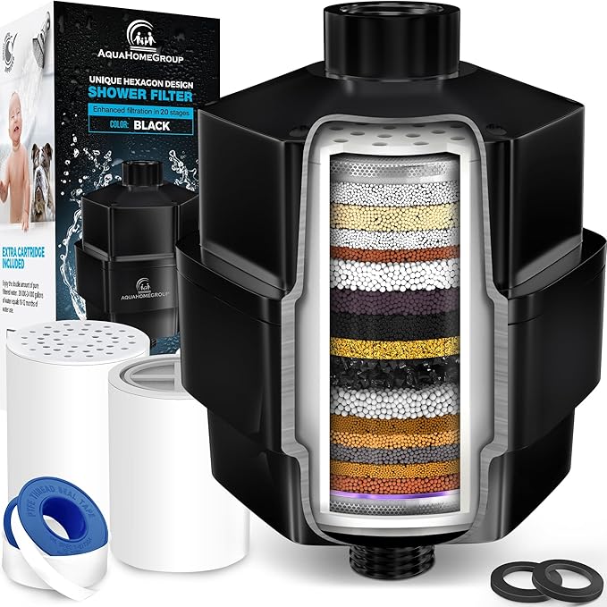 AquaHomeGroup 20 Stage Shower Filter for Hard Water - High Output Universal Shower Head Filter for Chlorine, Fluoride, Heavy Metals - Vitamin C E Shower Water Filter for Hair and Skin (Black)
