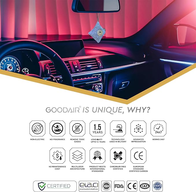 GOODAIR HEPA Car Air Purifier Bag & Pouch | 75g Activated Carbon Filter, Absorb Toxic Gases, 2.0 Premium Certified Air Purifier, Suitable for All Cars, 24/7 Air Purification - Elegant Silver