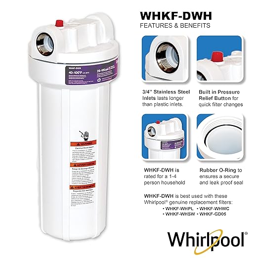 Whirlpool 10" x 2.5" Whole House Water Filter Housing, WHKF-DWH, Stainless Steel 3/4" Inlets, NSF Certified, Filter Not Included, Replacement Filter GD05, WHWC, WHSW, WHPL