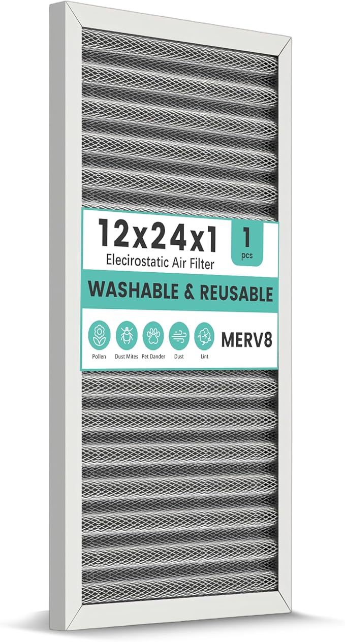 12x24x1 HVAC Furnace Air Filter, Washable Electrostatic Furnace Filter, MERV 8, Lasts a Lifetime, Breathe Fresher, Home And Office (Actual Size:11.38x23.38x0.82 Inch)