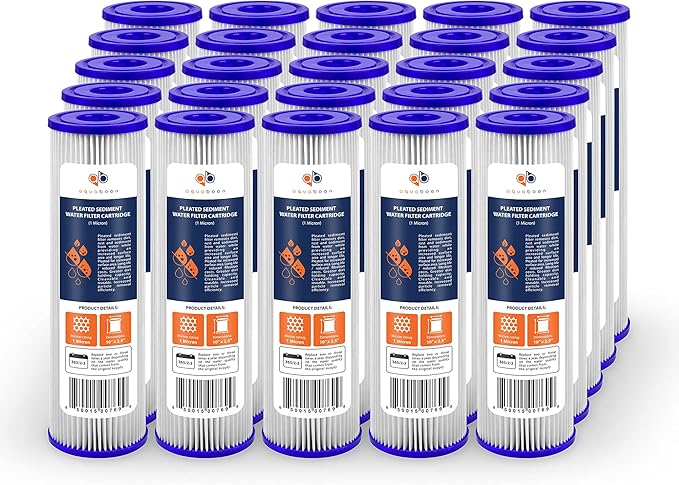 Aquaboon 1 Micron Pleated Water Filter 10 x 2.5 - Whole House Sediment Filter Replacement Cartridge Compatible with WFPFC3002, WHKF-WHPL, 25-Pack