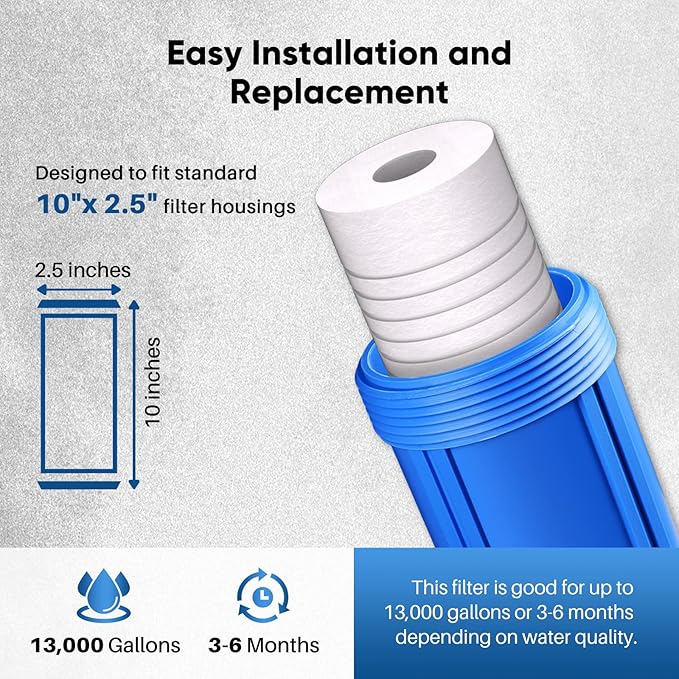 PUREPLUS 5 Micron 10" x 2.5" Whole House Sediment Home Water Filter, Grooved Sediment Replacement Cartridge for Any 10 inch RO Unit,AO-WH-PREV-R2, Aqua-Pure AP110, Aquaboon AB-SGR5M, GE GXWH20S, 6Pack