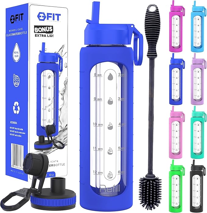 FIT Strong & Healthy 32 oz Glass Water Bottle with Straw Lid, Time Marker, Sleeve & Extra Lid - Motivational, Wide Mouth 1 Liter Glass Drinking Bottle