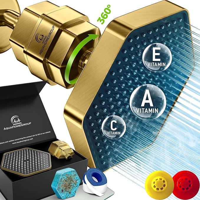 AquaHomeGroup Luxury Filtered Shower Head Set - 20 Stage Shower Filter for Hard Water, Chlorine, Fluoride, Heavy Metals - Water Filter Shower Head with Vitamin C E A Patent Pending (Golden)