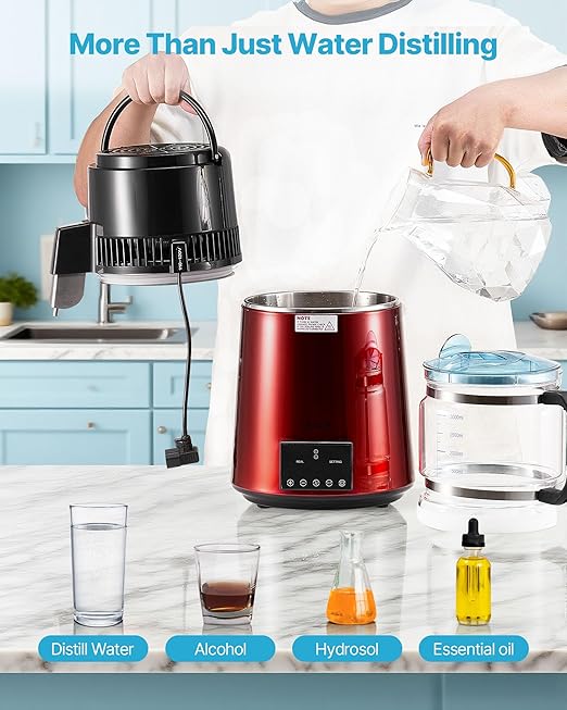 VEVOR Water Distiller, 4L 1.1 Gallon Pure Water Purifier Filter for Home Table Countertop, 1750W Distilled Maker with Glass Pot, Stainless Steel Interior Drinking Machine to Make Clean Waters, Red