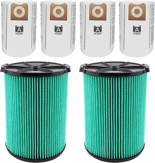 VF6000 Filter for Ridgid Shop Vac 5-20 Gallon Wet Dry Vacuums, 5-Layer HEPA Filter Fits WD5500 WD0671 WD6425 WD7000 (2 Pack VF6000 Filters + 4 Pack VF3502 Bags)