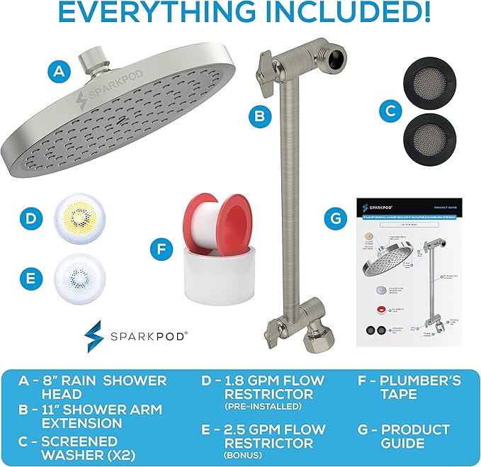 SparkPod Round Rain Shower Head with Shower Head Extension Arm - High Pressure Rain - Luxury Modern Look - No Hassle Tool-less 1-Min Installation (11" Shower Arm Extension, Elegant Brushed Nickel)