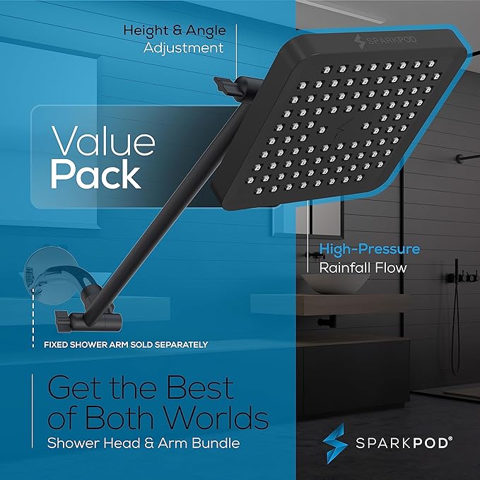 SparkPod Square Rain Shower Head with Shower Head Extension Arm - High Pressure Rain - Luxury Modern Look - No Hassle Tool-less 1-Min Installation (16" Shower Arm Extension, Midnight Black Matte)