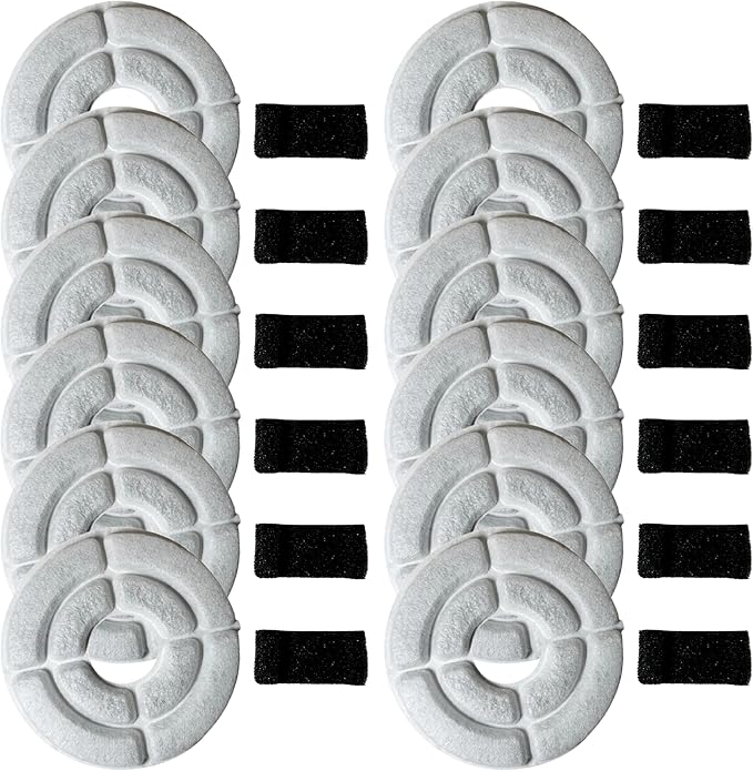 12 NISPIRA Charcoal Water Filters with Black Spongy Replacements for Kastty Whisper Quiet 2.2L/ 74 pz, Deeipet, IPettie Kamino 3L/101oz Cat Dog Water Fountain Dispenser | 5 mm Diameter