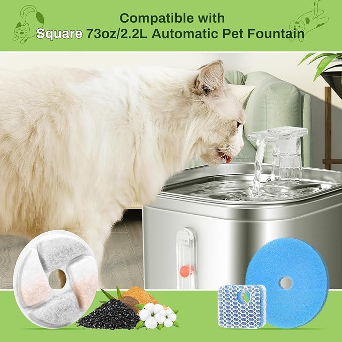 10 Pack Cat Fountain Filter Replacement for Square 2.2L/73oz Automatic Pet Water Fountain, Stainless Steel Cat Water Fountain Filters, Triple Filtration System, Activated Carbon Filters