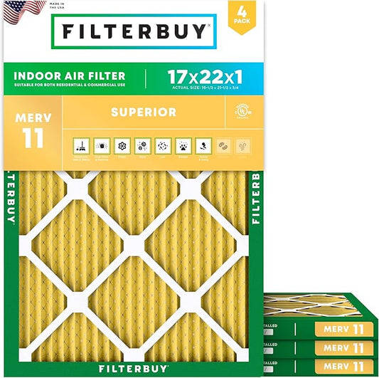 Filterbuy 17x22x1 Air Filter MERV 11 (MPR 1200) Allergen Defense Replacement (4-Pack), Electrostatic Pleated HVAC AC Furnace Filters, Made in USA (Actual Size: 16.50 x 21.50 x 0.75)