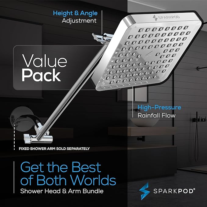 SparkPod Square Rain Shower Head with Shower Head Extension Arm - High Pressure Rain - Luxury Modern Look - No Hassle Tool-less 1-Min Installation (16" Shower Arm Extension, Luxury Polished Chrome)