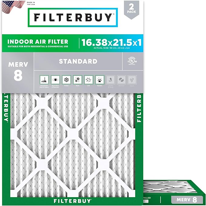 Filterbuy 16.38x21.5x1 Air Filter MERV 8 (MPR 700) Dust Defense Replacement (2-Pack), Electrostatic Pleated HVAC AC Furnace Filters, Made in USA (Actual Size: 16.50 x 21.50 x 0.75)