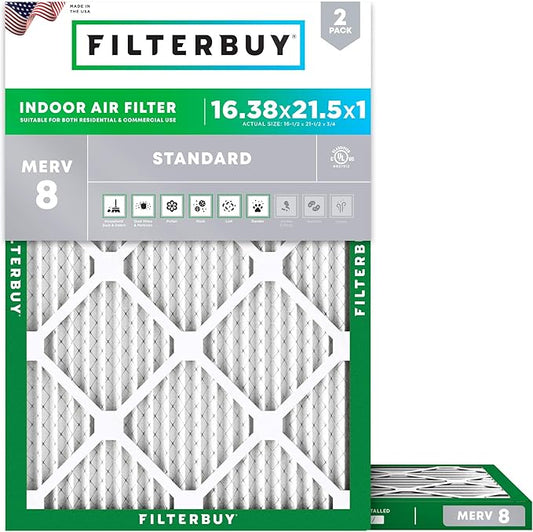 Filterbuy 16.38x21.5x1 Air Filter MERV 8 (MPR 700) Dust Defense Replacement (2-Pack), Electrostatic Pleated HVAC AC Furnace Filters, Made in USA (Actual Size: 16.50 x 21.50 x 0.75)