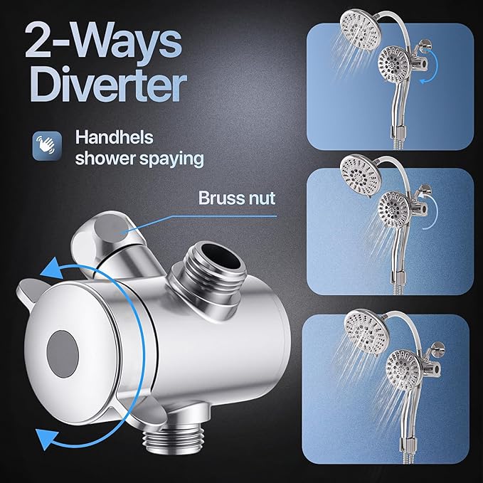 AQUAZEN® Dual Shower Head Combo | Adjustable Rainfall + Handheld Shower | 6 Spray Modes Each | Flexible Mount & Swivel Heads | 5ft Stainless Steel Hose | Premium Chrome Finish | Fits All US Showers