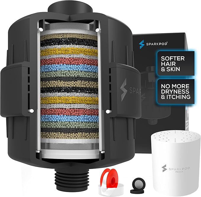 SparkPod 23 Stage Shower Head Filter for Dry Hair and Skin - High Output Universal Shower Filters to Remove Toxic Chemicals, Chlorine & Heavy Metals (Midnight Black Matte)