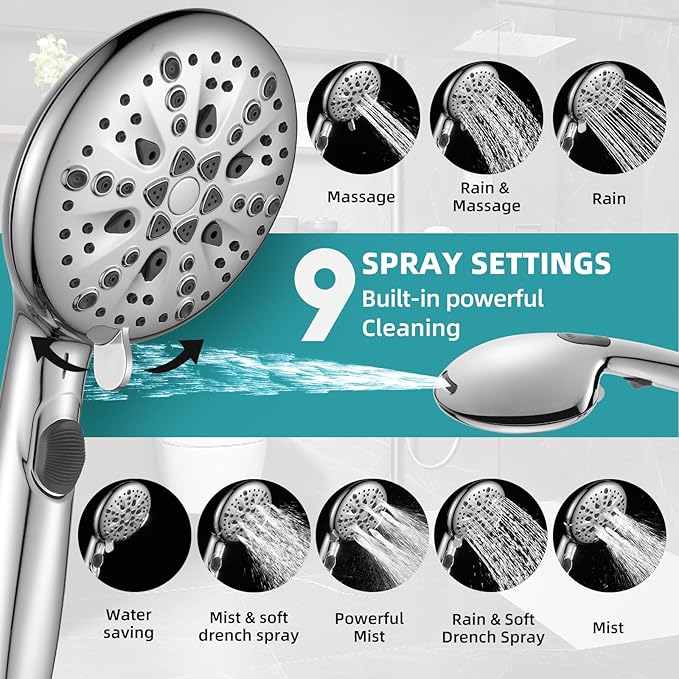 Cobbe High Pressure 9-Modes Filtered Shower Head - with 20 Stage Shower Filter for Hard Water, Removes Chlorine and Harmful Substances, Built-in Power Spray, Chrome