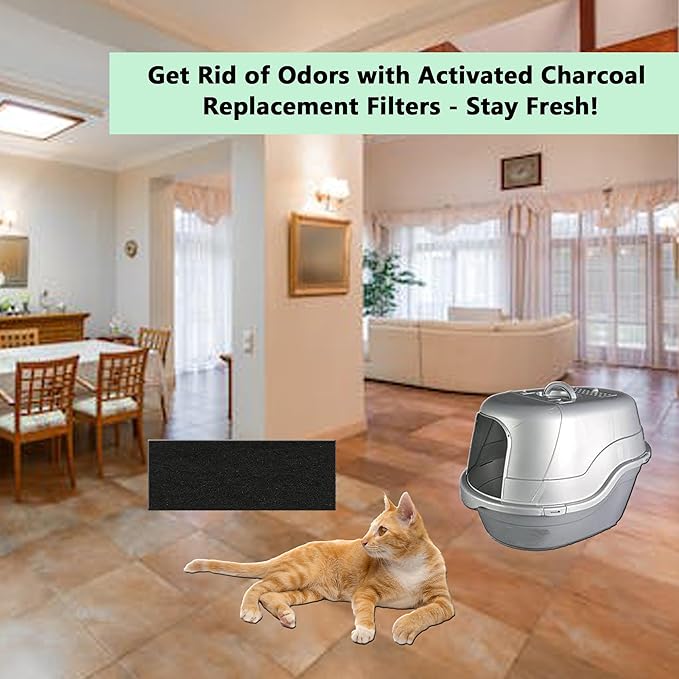 14 Pack Activated Carbon Filters for Nature's Miracle Oval Hooded Flip Top Cat Litter Box, 8 Inch x 3 Inch Trimmable Pads