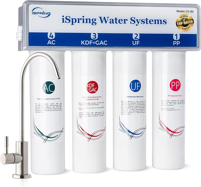 iSpring CU-A4 0.01μm Ultra-Filtration Under Sink Water Filter System, Tankless 4-Stage High Capacity, Remove 99.99% Contaminants, Quick Filter Change with Brushed Nickel Faucet, White