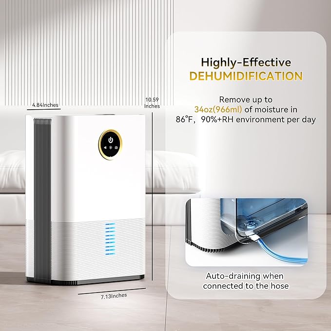 Dehumidifier for Room for Home, (850 sq.ft) Small Dehumidifiers with Drain Hose, Safe Drainage Auto-off Odor Removal 2 Duak-Core Portable Deshumificador Bathroom RV, 50 OZ Water Tank