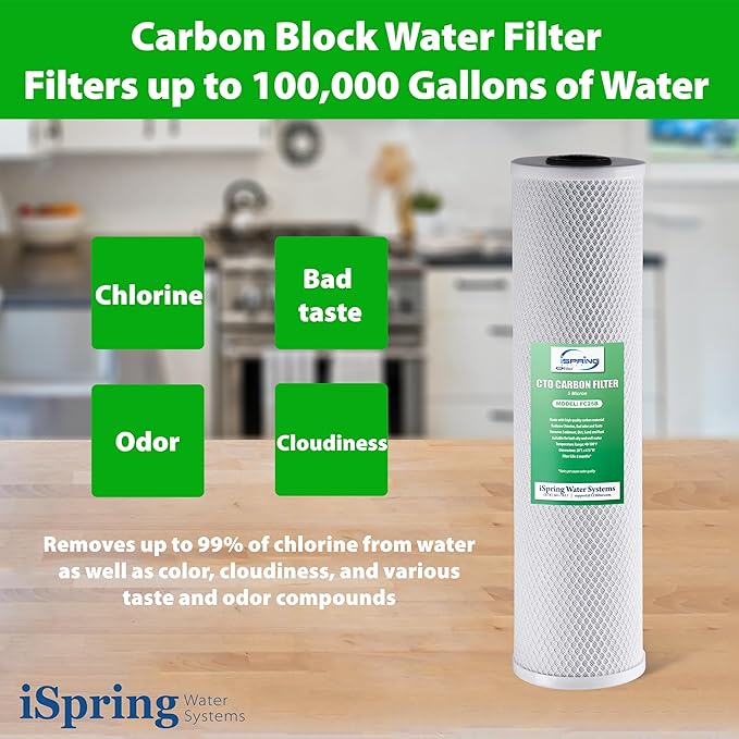 iSpring F3WGB32BKS 3-Stage Whole House Water Filter Set, 4.5” x 20” Sediment, GAC+KDF, and CTO Carbon Block Cartridges, Fits WGB32B-KS