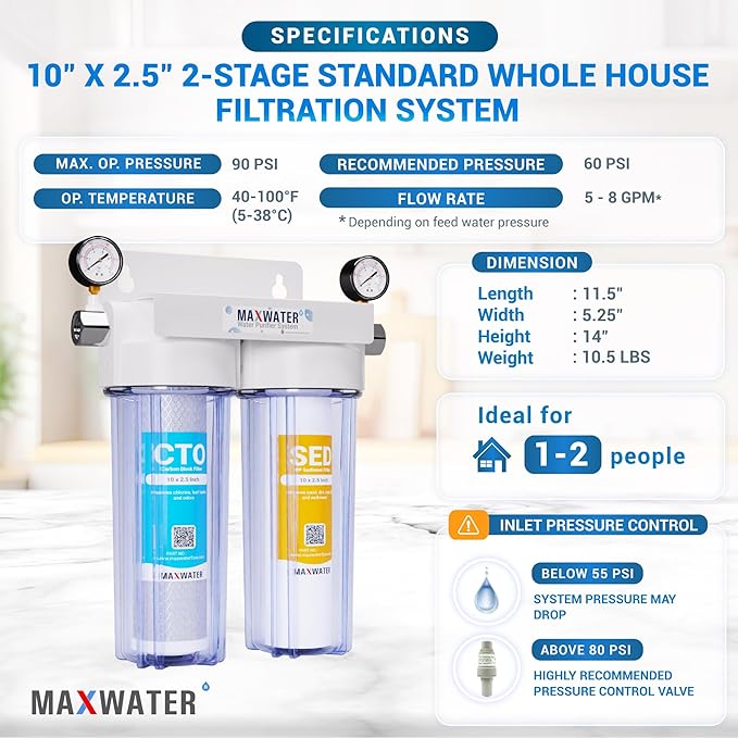 Max Water 2 Stage (Sediment, Odor & Improving Taste) Whole House 10 inch, Standard Water Filtration System with Pressure Gauge - Clear Housing - Sediment + CTO - ¾ Inlet/Outlet