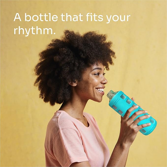 purifyou 40oz / 32oz / 22oz / 12oz Borosilicate Glass Water Bottle with Time & Volume Markers, Silicone Sleeve, Stainless Steel Lid | Reusable Glass Bottle for Water & Juice (12oz Aqua Blue)